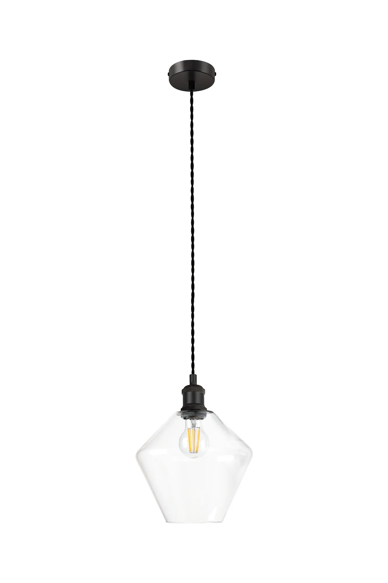 Cawdor Single Pendant, 1 Light E27, Matt Black/Black/Amber Diamond Glass DK1139  Deco Cawdor